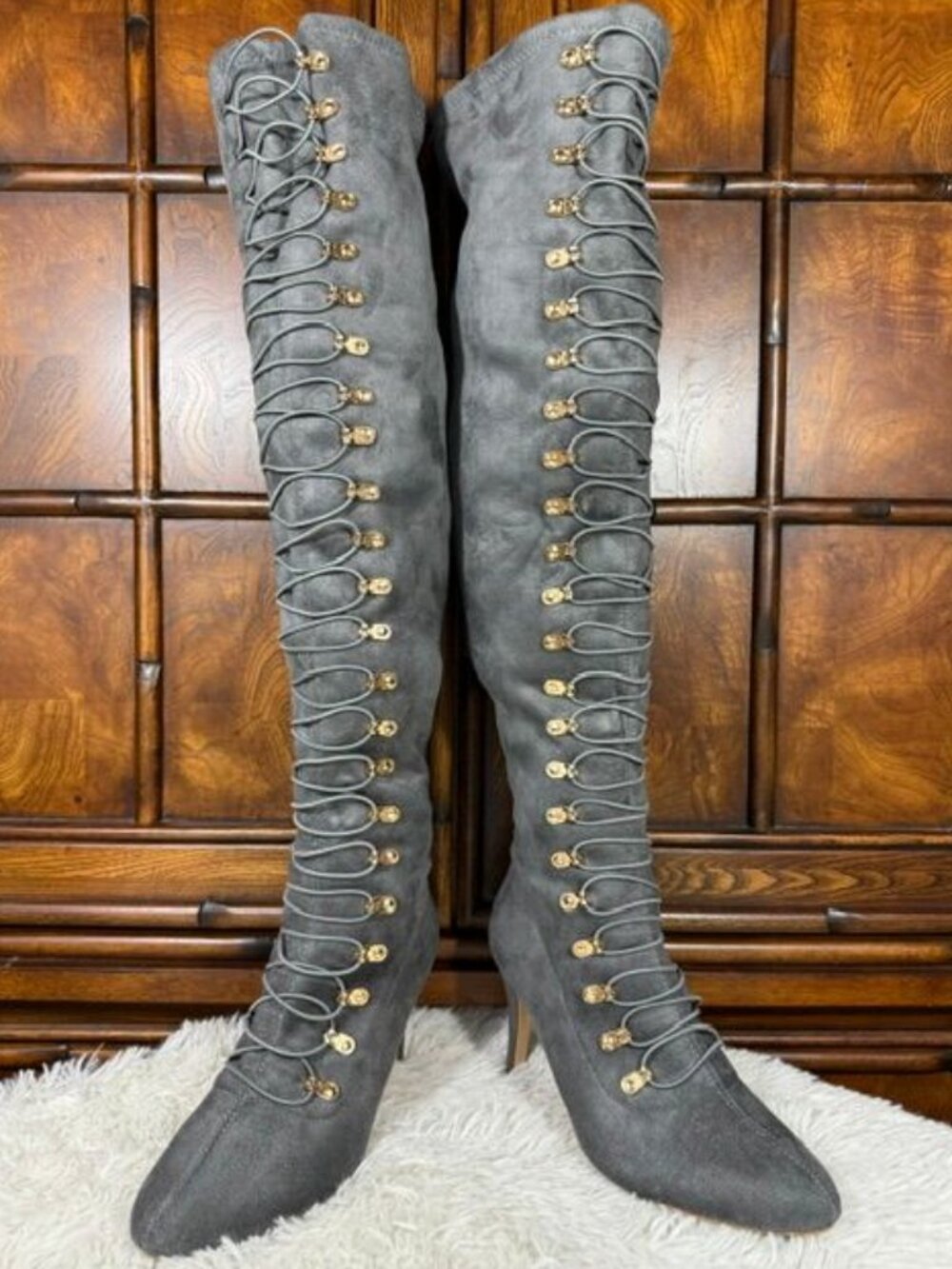Brinley Co. Grey Military Cadet Laced Stretch Faux Suede Over the Knee Boot